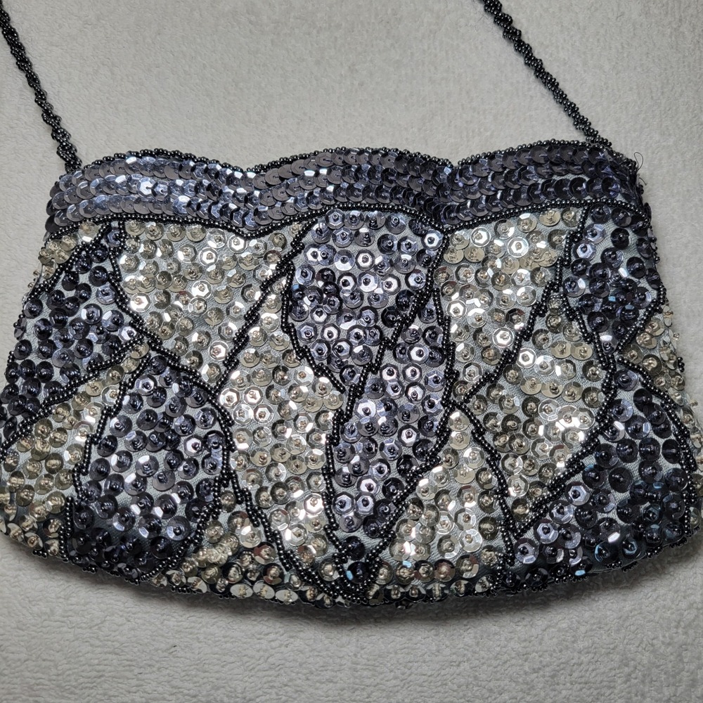 La Regale Vintage Beaded Sequin Evening Bag Silver Gunmetal Gray Art Deco